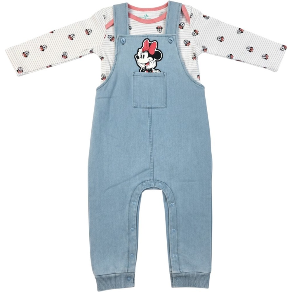 Disney Baby Minnie Mouse 2-Piece Set Denim Overalls & Striped Bodysuit 24M NEW